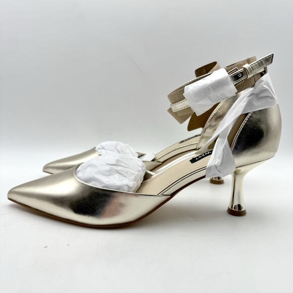 Nine West Womens Racha High Heels US 7.5 M Gold Vegan Leather Closed Toe NIB - Picture 8 of 12